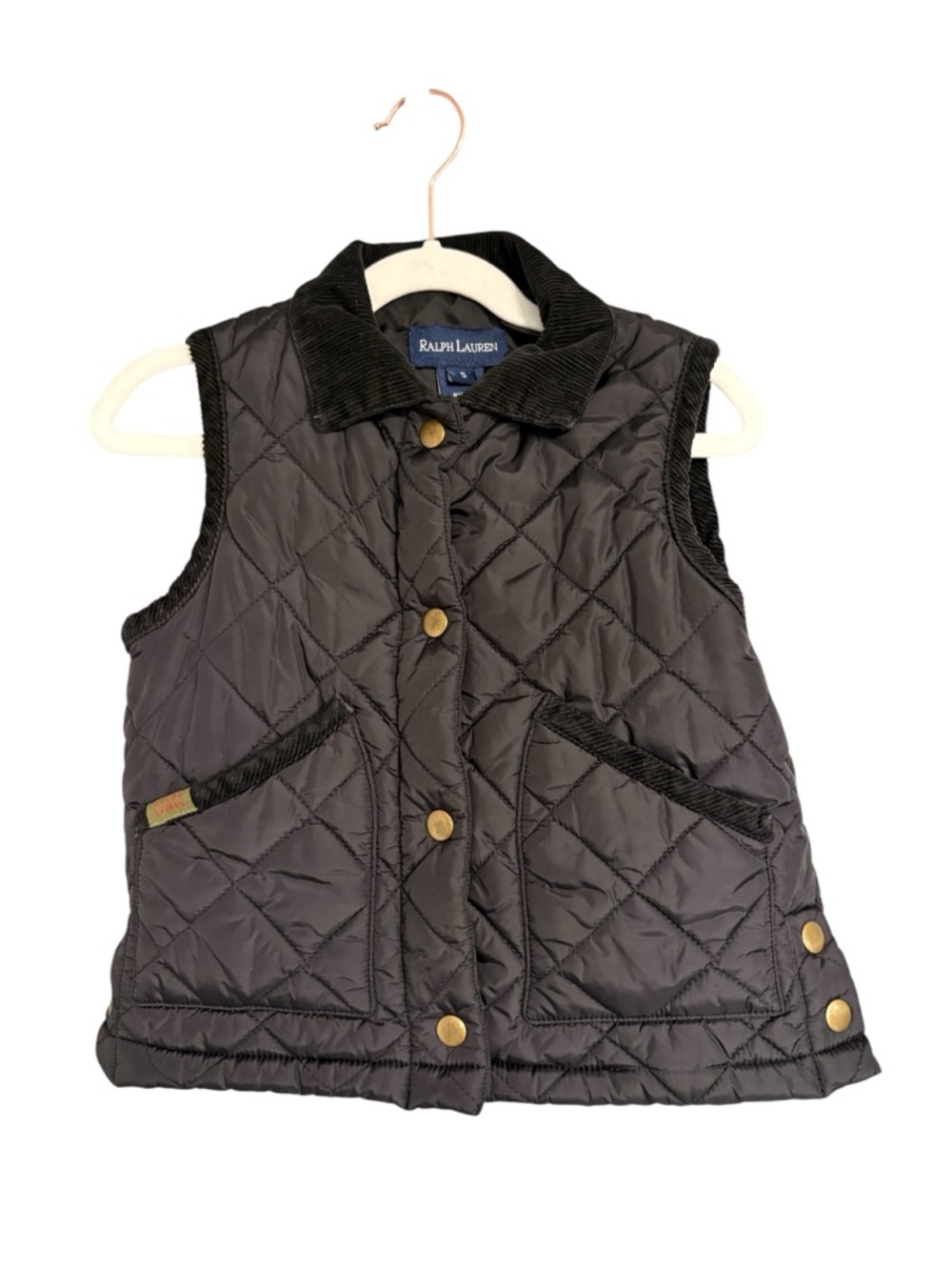 Girls Ralph Lauren Quilted Puffer Vest - Black - Corduroy Trim - Youth Small